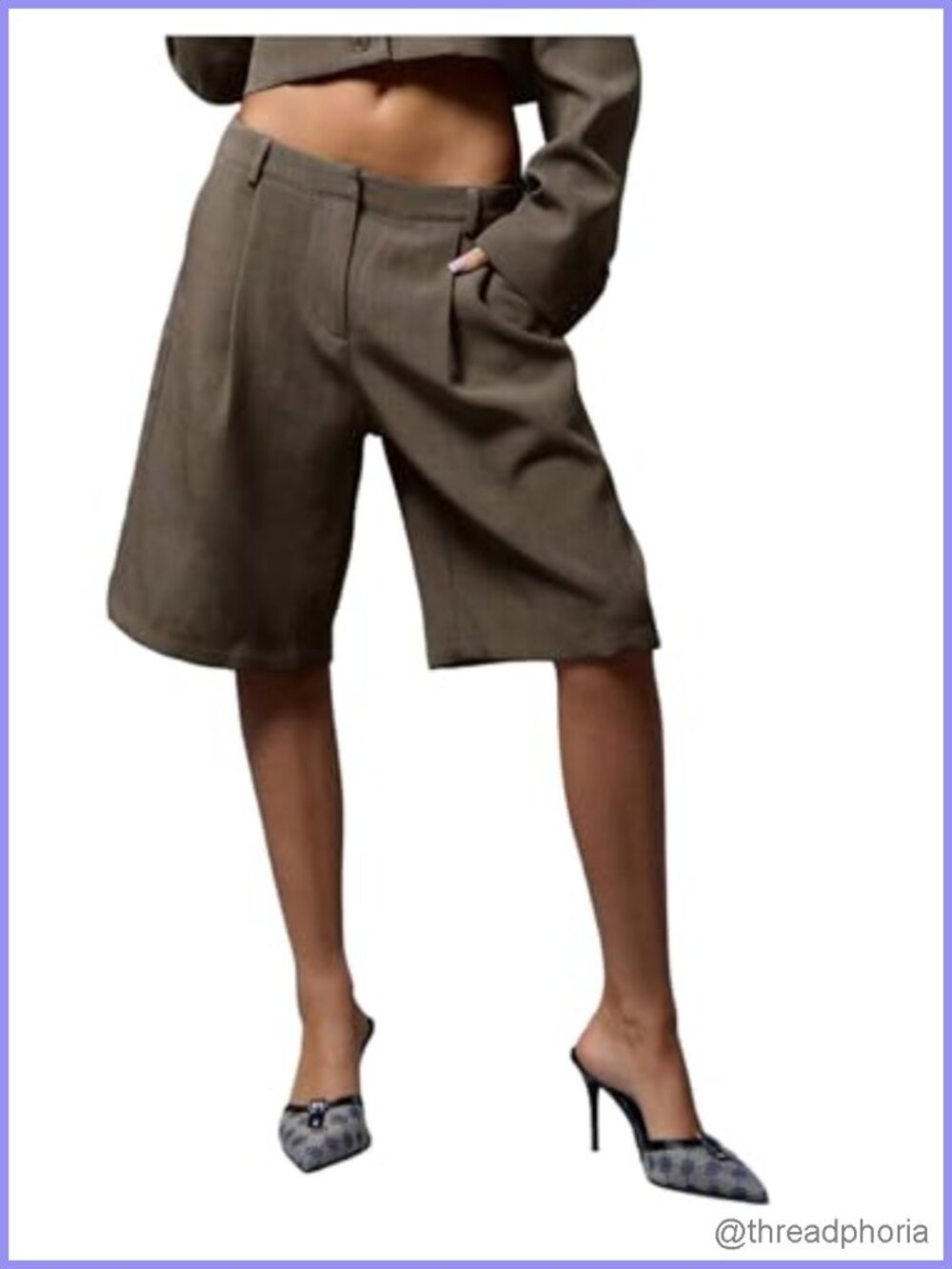 Bermuda Shorts Low Waist Wide Leg Knee Length Pleated Loose Fit Casual